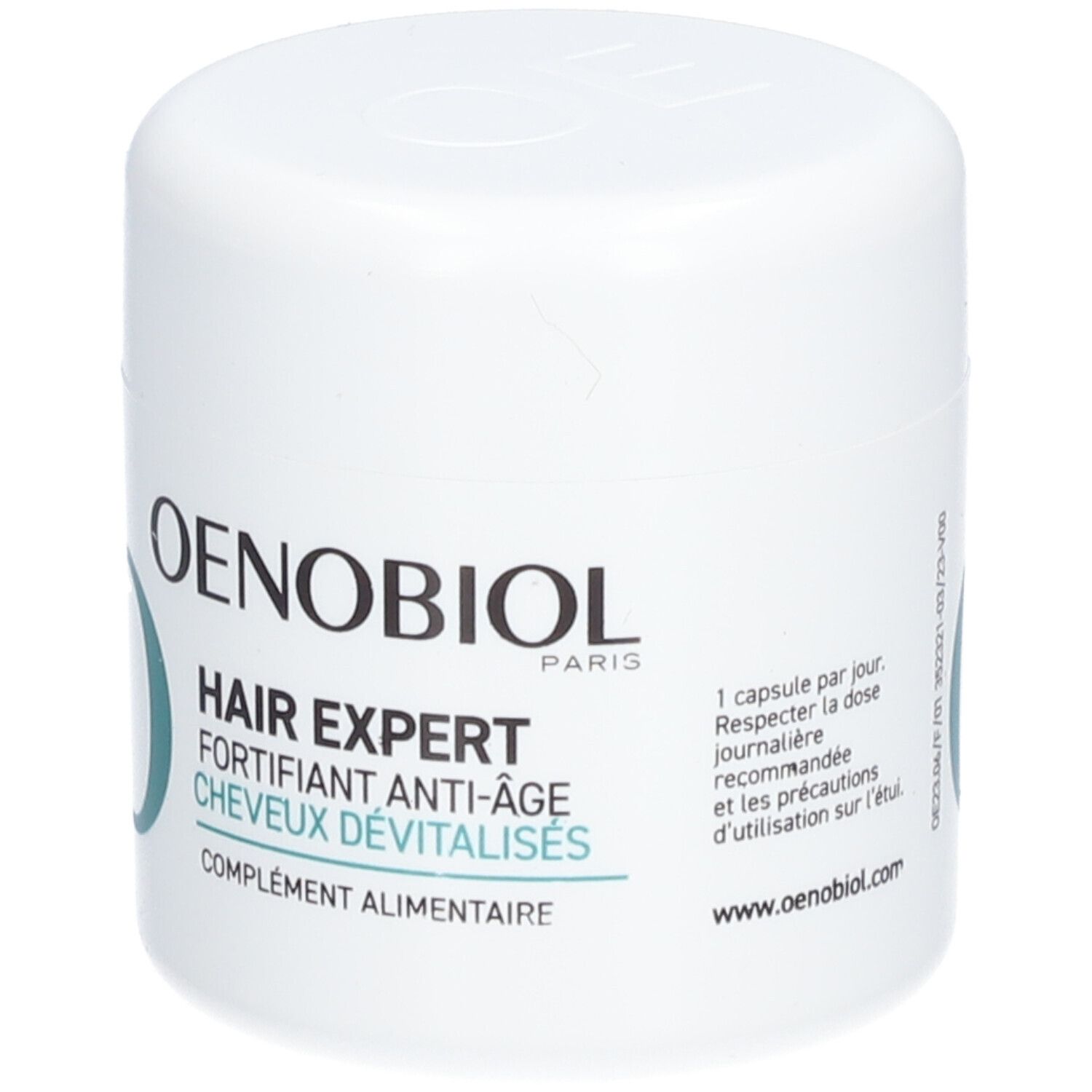 Pot blanc OENOBIOL. Texte: HAIR EXPERT, FORTIFIANT ANTI-ÂGE, CHEVEUX DÉVITALISÉS. Complément alimentaire.