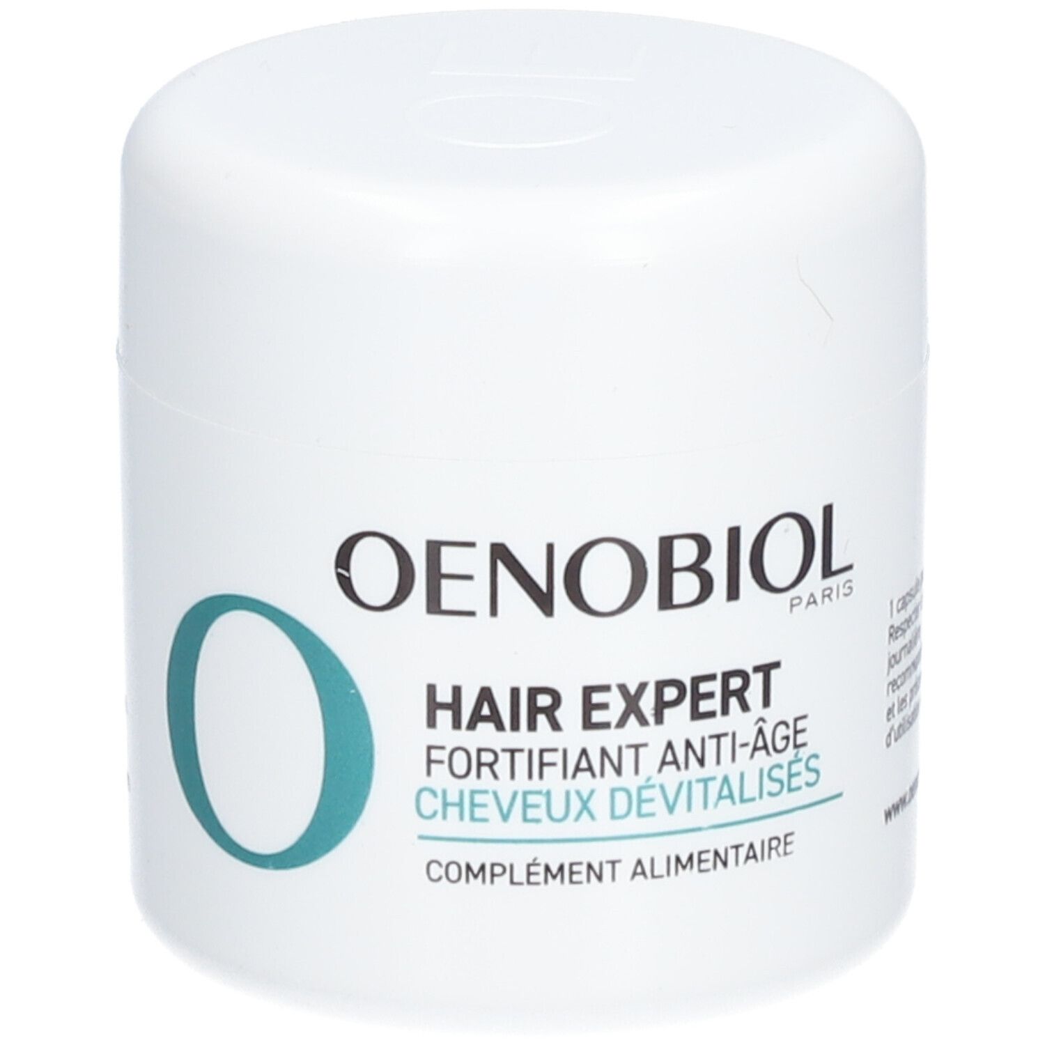 Pot blanc OENOBIOL. Texte: HAIR EXPERT, FORTIFIANT ANTI-ÂGE, CHEVEUX DÉVITALISÉS. Complément alimentaire.