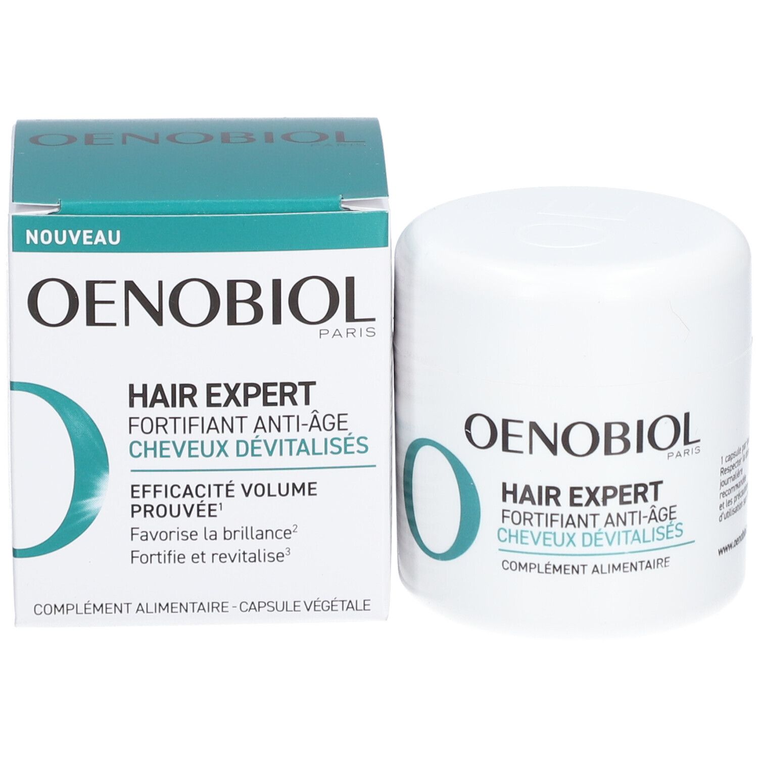 Produit OENOBIOL et emballage. Texte: HAIR EXPERT, FORTIFIANT ANTI-ÂGE, CHEVEUX DÉVITALISÉS. Complément alimentaire. Capsule.