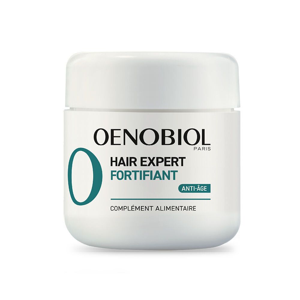 Pot OENOBIOL Hair Expert Fortifiant. Blanc, logo et texte bleus. Anti-âge.