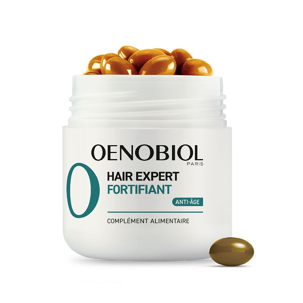 Pot blanc OENOBIOL avec capsules. Texte: Hair Expert Fortifiant Anti-Âge. Complément alimentaire. Logo O bleu.