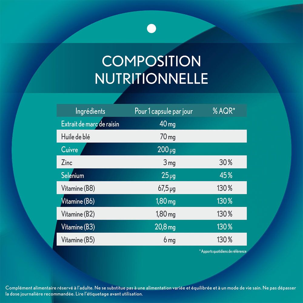 Tableau de composition nutritionnelle OENOBIOL Hair Expert Fortifiant. Ingrédients et % AQR.