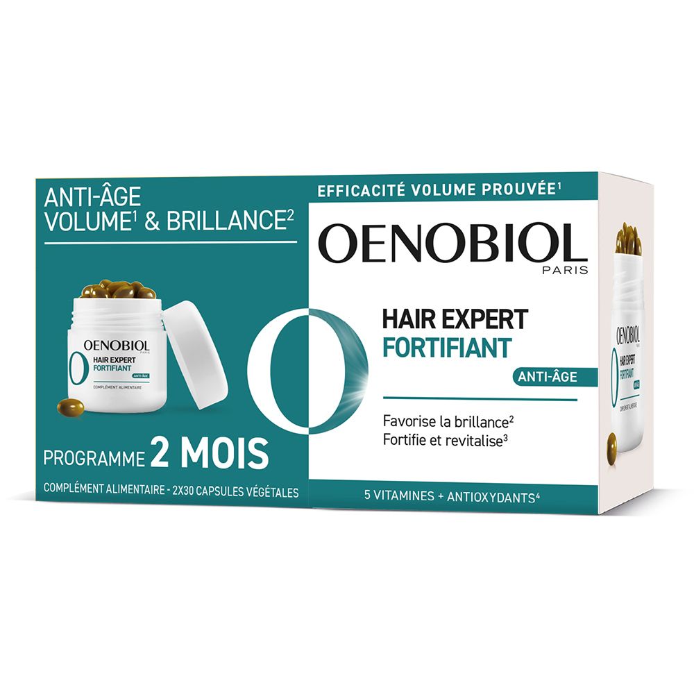 Boîte OENOBIOL. Contient des gélules. Texte : Anti-âge, Volume & Brillance, Hair Expert Fortifiant. Programme 2 mois.