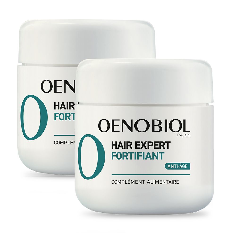 Deux pots blancs OENOBIOL Hair Expert Fortifiant. Gélules non visibles. Texte anti-âge.