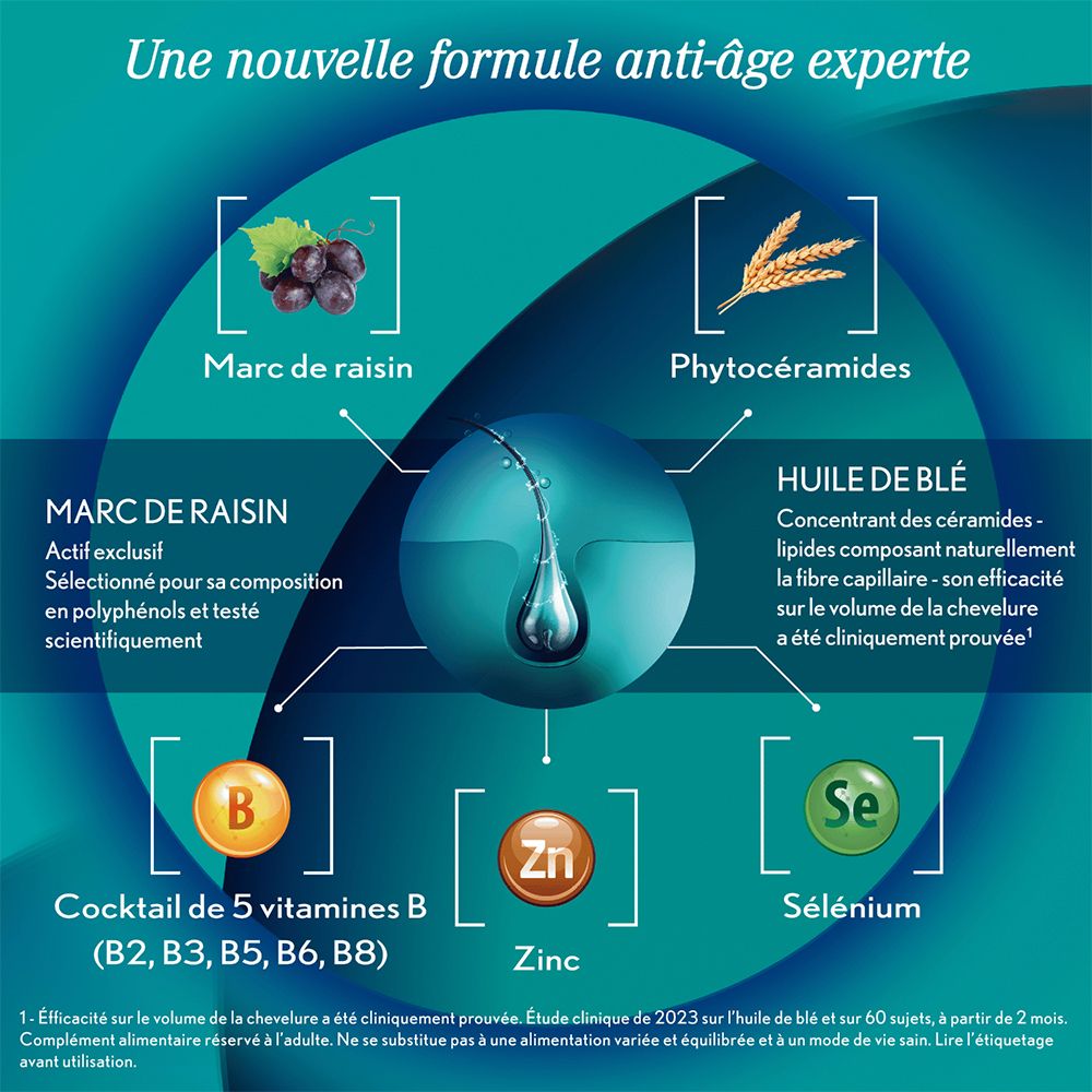 Graphique avec ingrédients : Marc de raisin, Phytocéramides, Huile de blé, Zinc, Sélénium, Vitamines B. Texte.