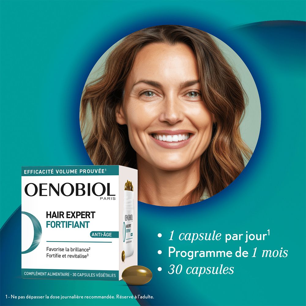 Femme souriante. Boîte OENOBIOL Hair Expert Fortifiant. 30 gélules. 1 gélule par jour. Programme 1 mois.