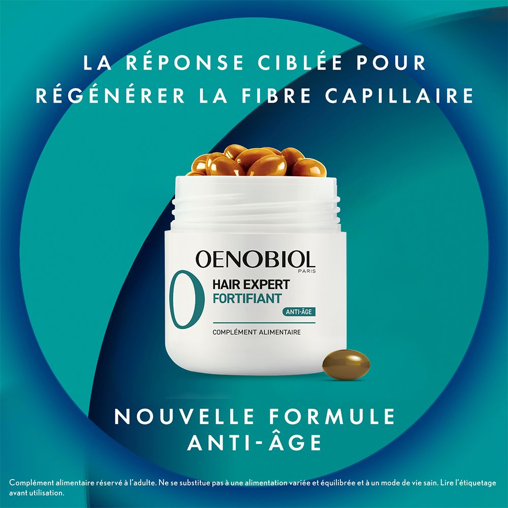 Pot avec gélules. OENOBIOL Hair Expert Fortifiant. Gélule brune. Texte : Nouvelle formule anti-âge.
