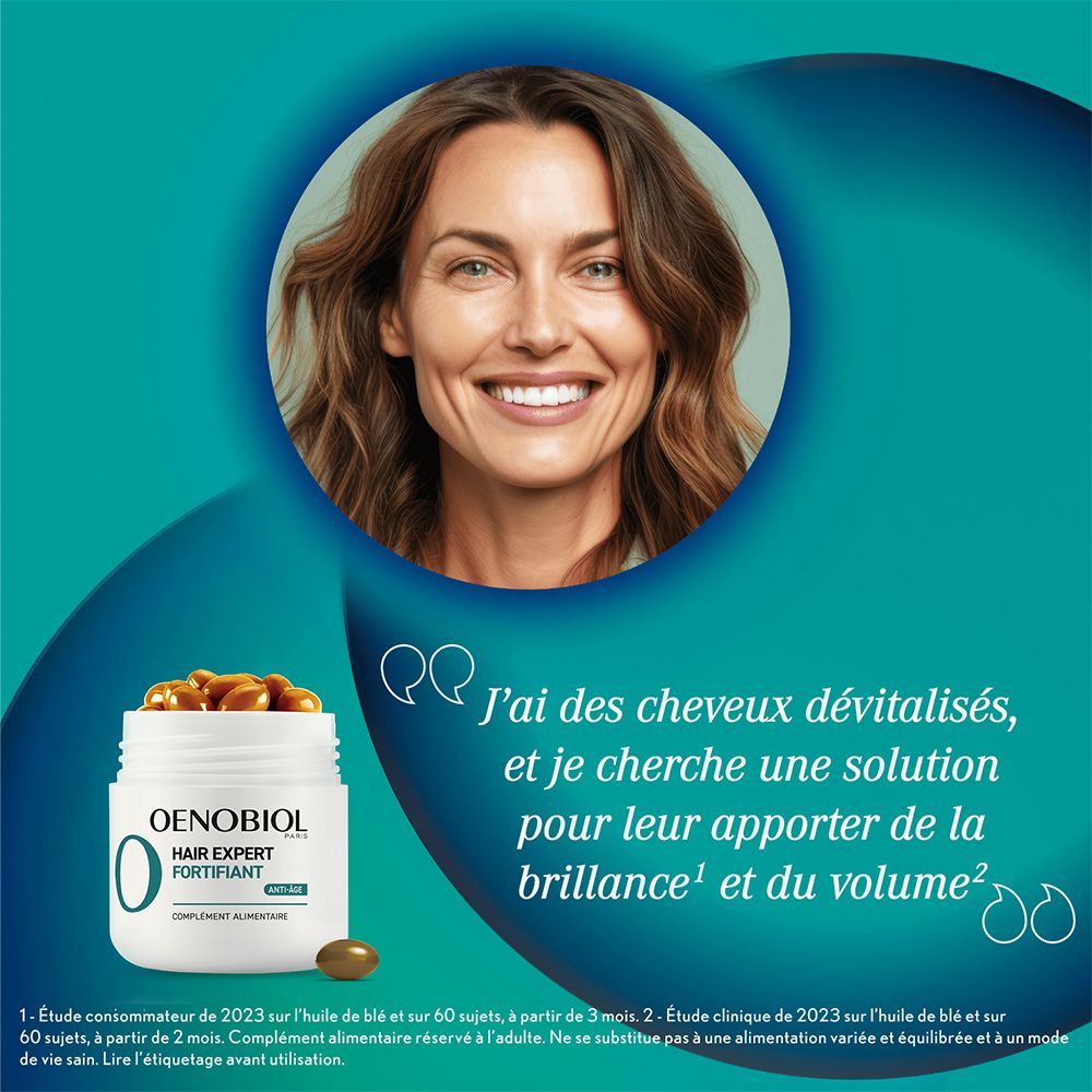Femme souriante. Pot OENOBIOL Hair Expert Fortifiant. Texte : Je cherche une solution pour brillance et volume.