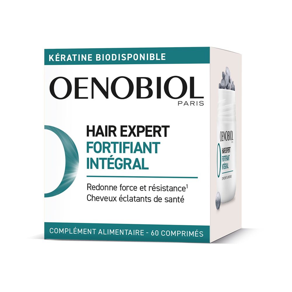 Boîte OENOBIOL. Contient 60 comprimés. Texte: Hair Expert Fortifiant intégral. Kératine biodisponible.