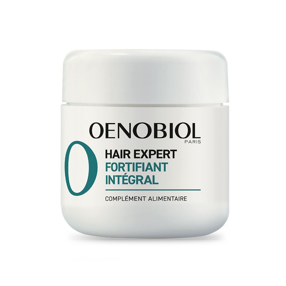 Pot blanc avec logo OENOBIOL et texte: Hair Expert Fortifiant intégral. Complément alimentaire.