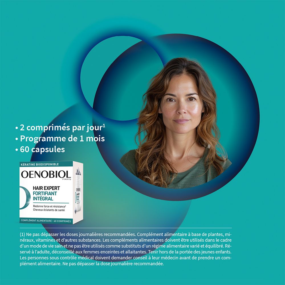 Femme aux cheveux longs. Texte: 2 comprimés par jour. Programme de 1 mois. OENOBIOL Hair Expert.