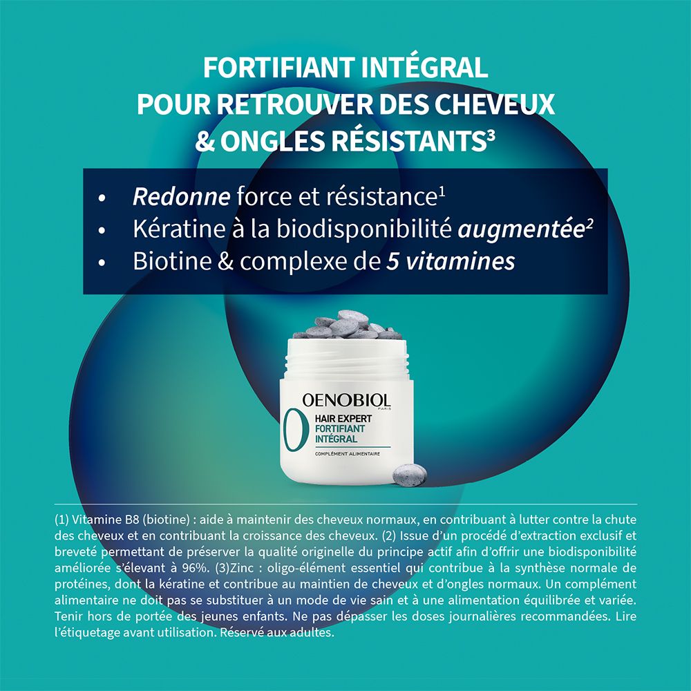 Pot avec comprimés. Texte: Fortifiant intégral. Pour cheveux & ongles. Redonne force et résistance.