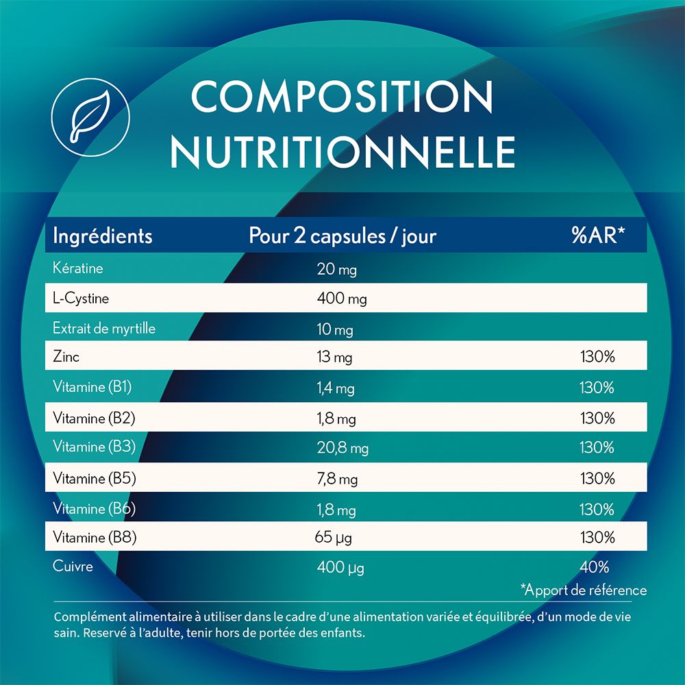 OENOBIOL Hair Expert Fortifiant Intégral : tableau nutritionnel avec ingrédients tels que Kératine, L-Cystine, Myrtille, Zinc, Vitamines.