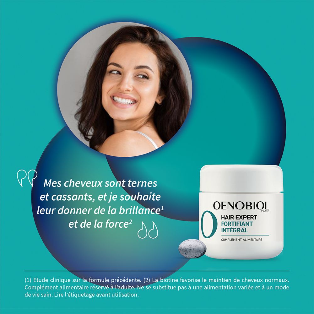 Femme avec pot. Texte: Mes cheveux sont ternes et cassants. OENOBIOL Hair Expert.