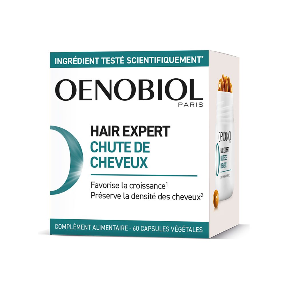 Boîte OENOBIOL. Hair Expert Chute de Cheveux. 60 capsules. Vert et blanc. Testé scientifiquement.