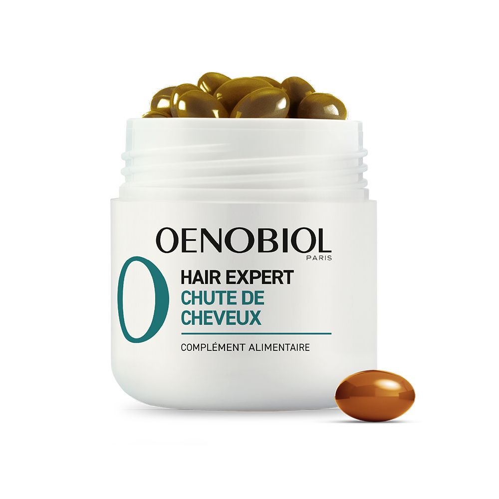 Pot OENOBIOL avec capsules. Hair Expert Chute de Cheveux. Complément. Capsule à côté.