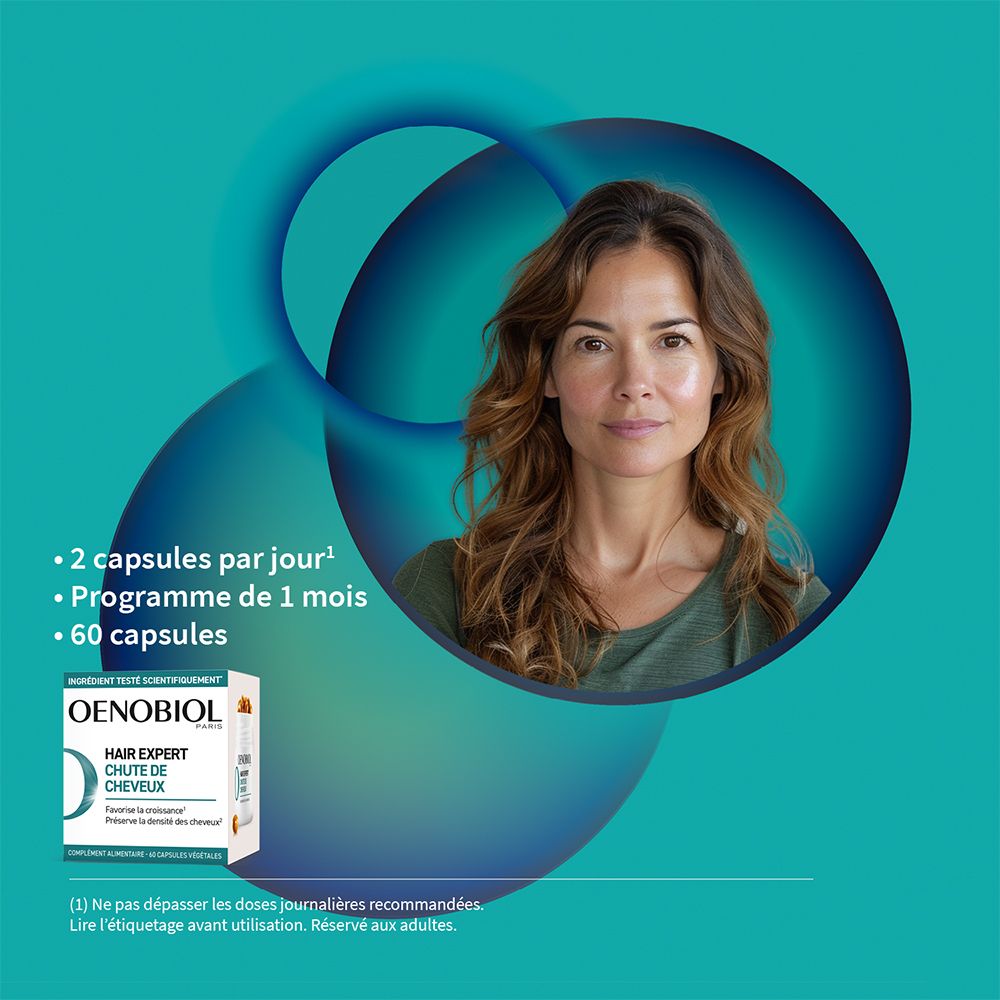 Femme avec produit. OENOBIOL Hair Expert Chute de Cheveux. 2 capsules/jour. 60 capsules.