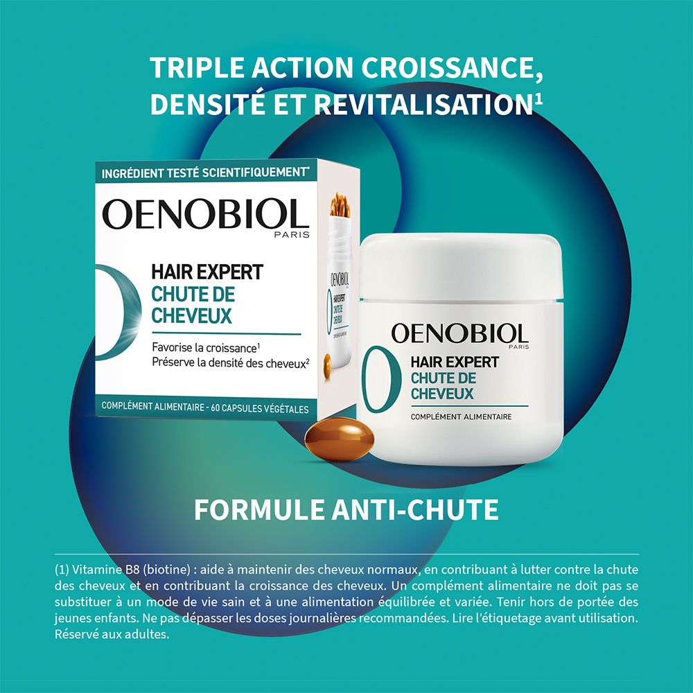 Visuel produit. OENOBIOL Hair Expert Chute de Cheveux. Capsules et pot. Anti-chute.