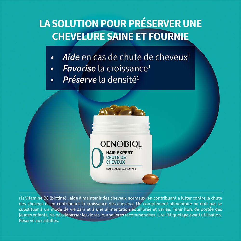 Visuel produit. OENOBIOL Hair Expert Chute de Cheveux. Pot avec capsules. Texte.