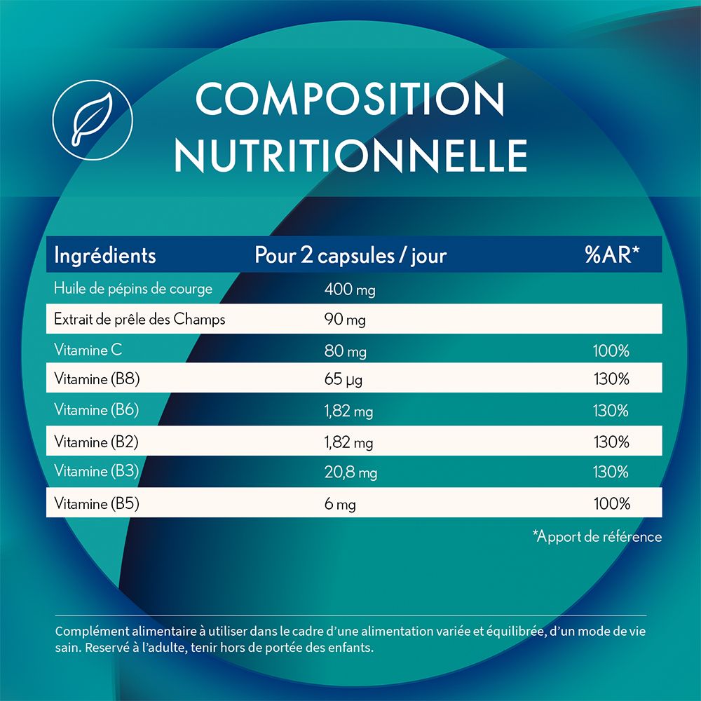 Tableau nutritionnel. Ingrédients : huile de pépins de courge, prêle, vitamines B, C, B2, B3, B5, B6.