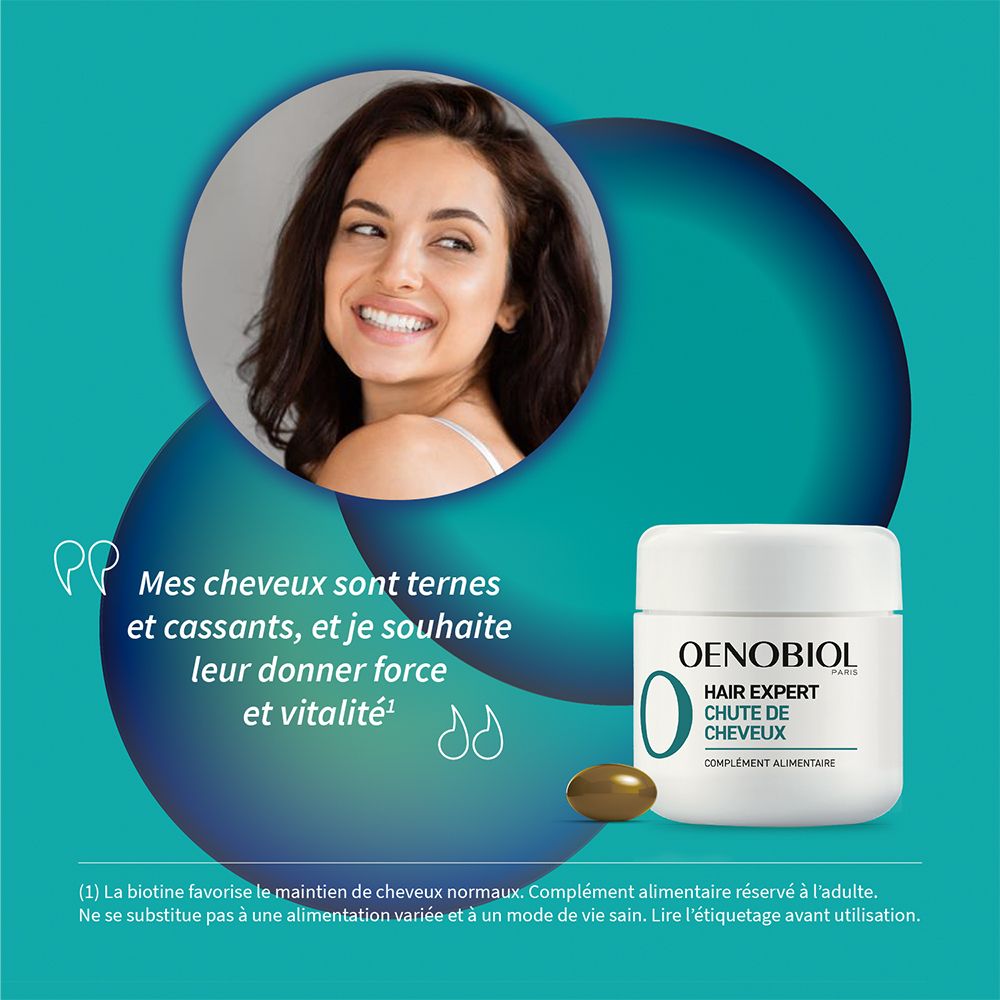 Femme avec produit. OENOBIOL Hair Expert Chute de Cheveux. Pot avec capsule à côté.