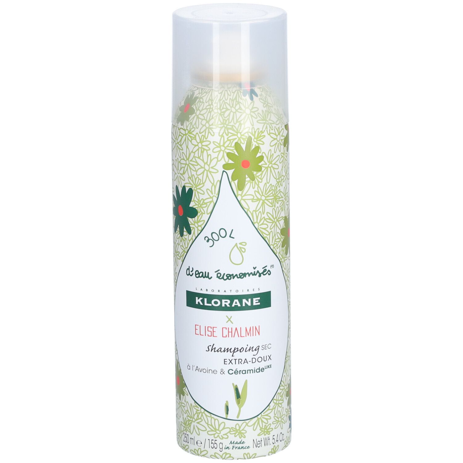 Spray de shampooing sec avec motif floral. Bouchon et tête de pulvérisation transparents. Inscription : KLORANE, Elise Chalmin, Extra-doux.
