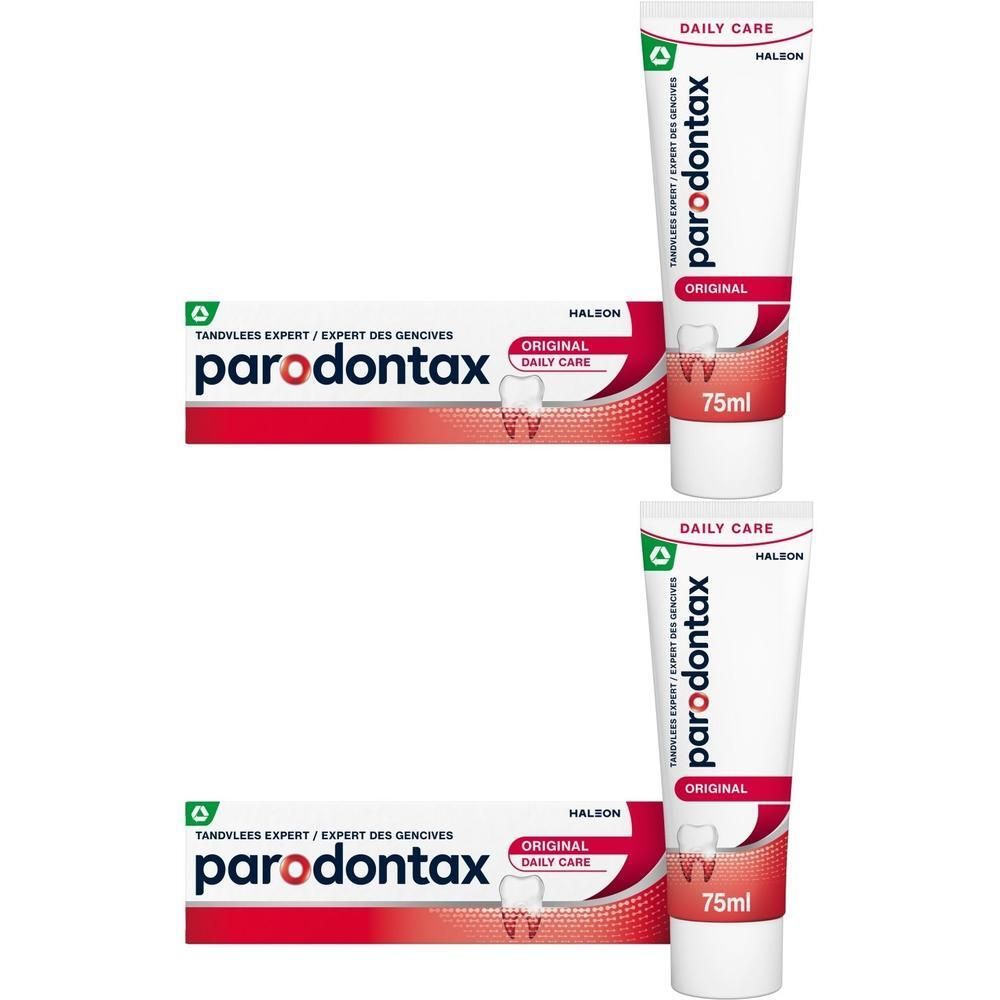Deux paquets de dentifrice Parodontax Original, dont un ouvert.