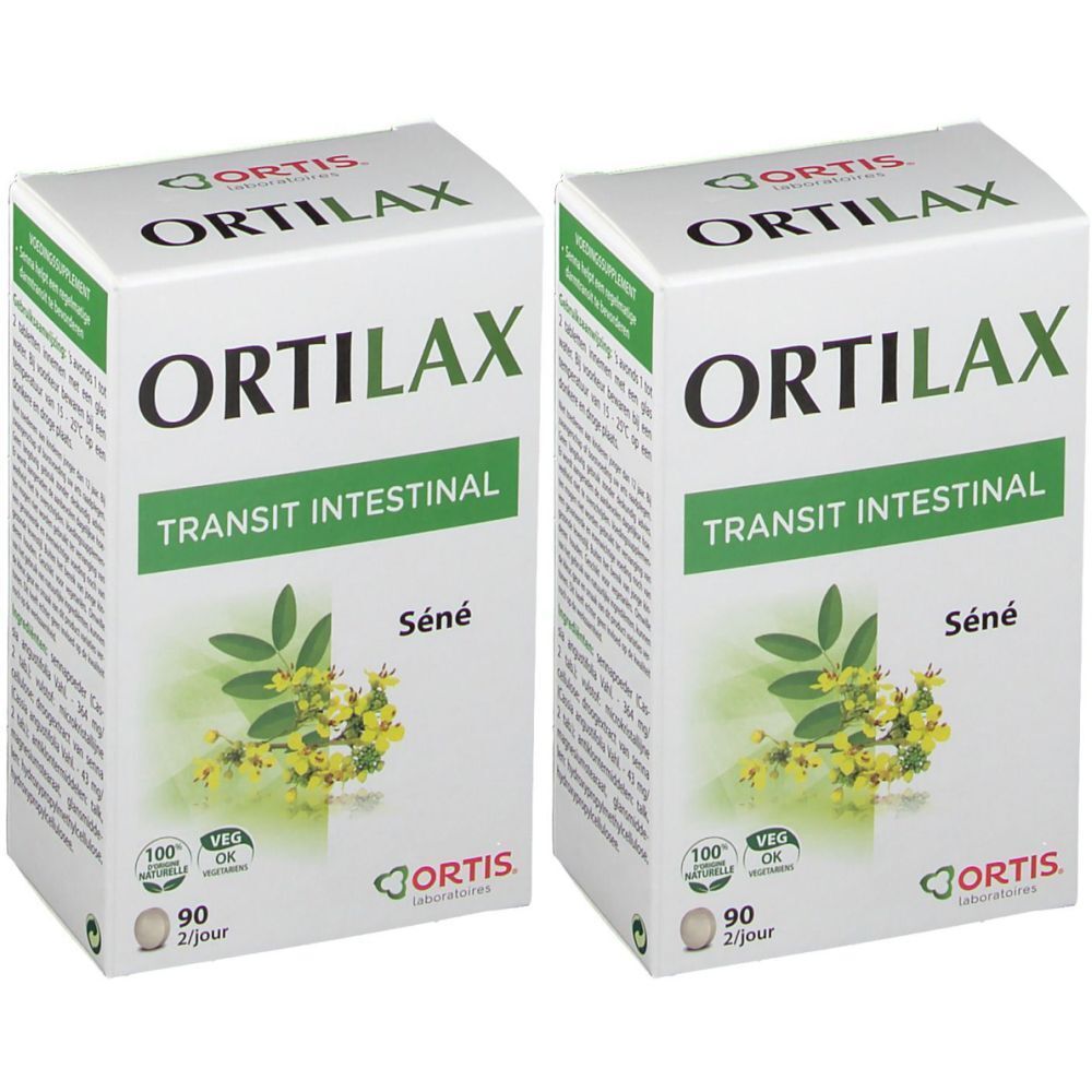 Deux boîtes blanches avec des accents verts. Inscription : ORTILAX, TRANSIT INTESTINAL, Séné. Logo : ORTIS. Contient 90 comprimés, 2/jour.