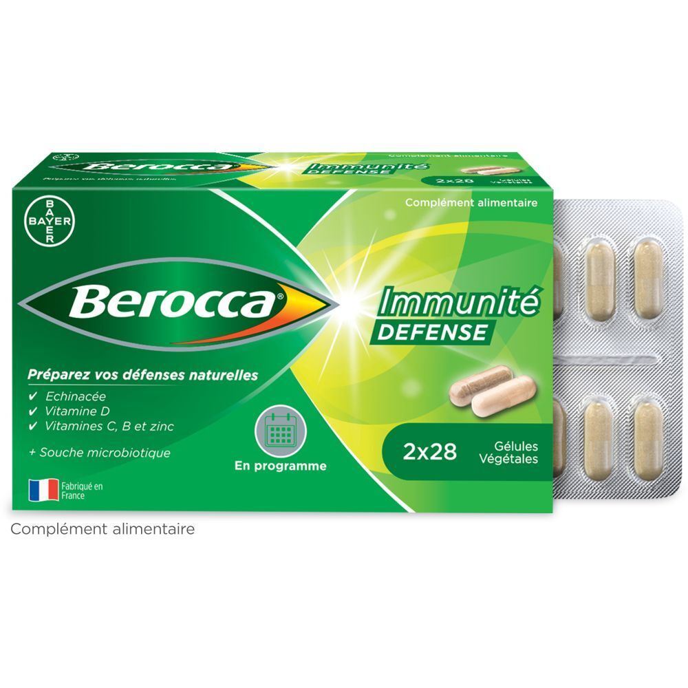 Boîte de Berocca Immunité Défense avec 2x28 gélules. Contient vitamine D, C, B et zinc. Gélules en blister.