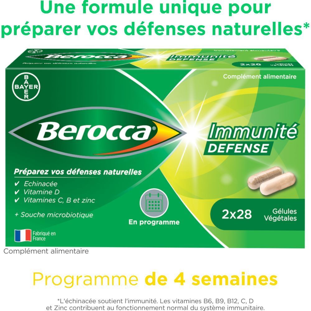 Boîte Berocca Immunité Défense avec 2x28 gélules. Contient vitamine D, C, B et zinc. Design vert et jaune.