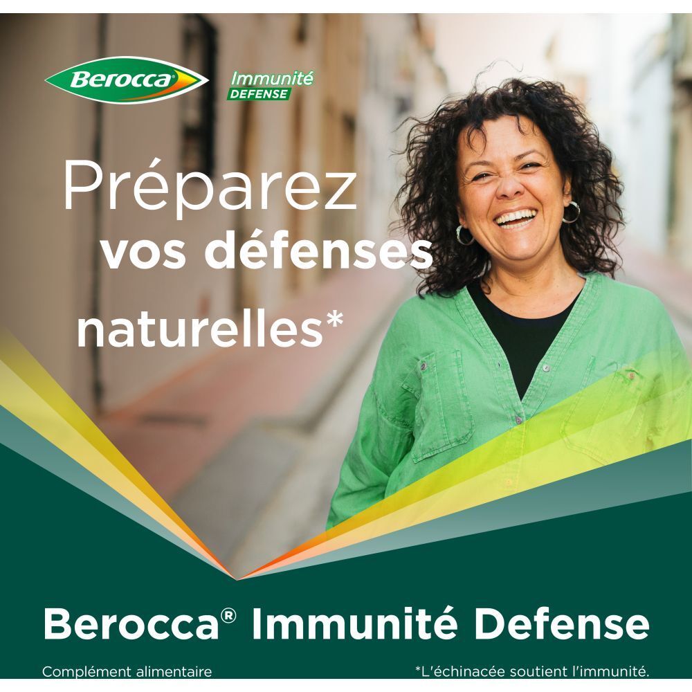 Femme souriante en arrière-plan. Texte: Berocca Immunité Défense. Préparez vos défenses naturelles.