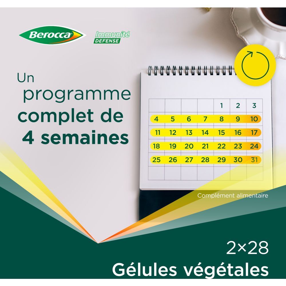 Calendrier avec jours en jaune. Texte : Un programme complet de 4 semaines. Berocca Immunité Défense.