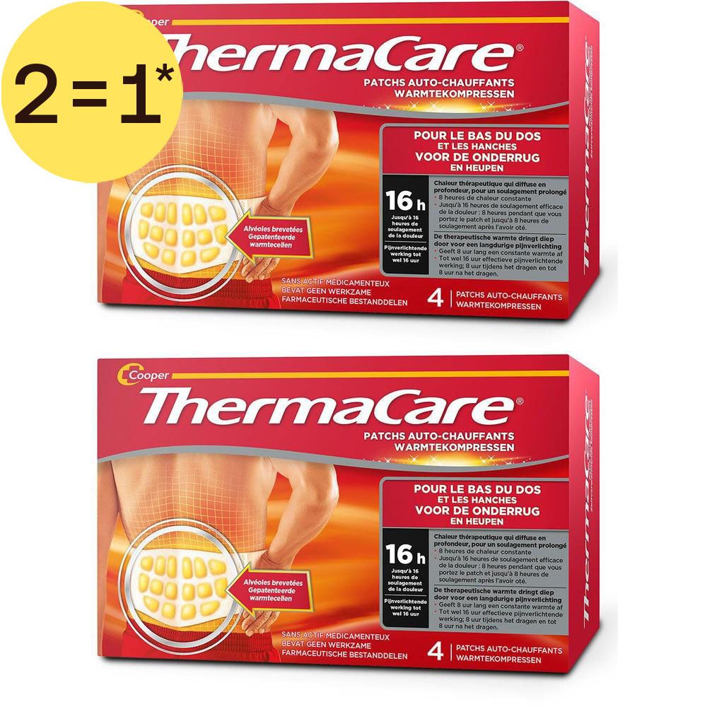 Deux boîtes de 4 patchs auto-chauffants ThermaCare pour le bas du dos.