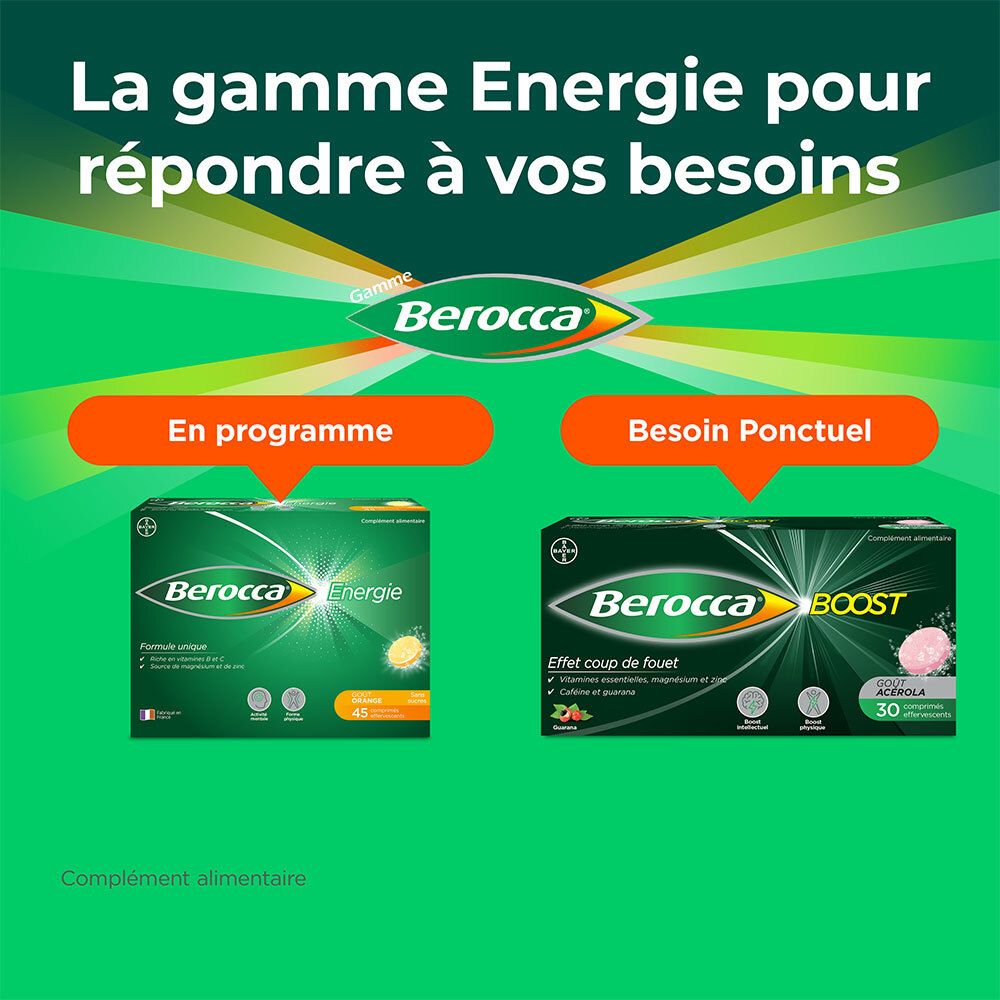 Emballages Berocca Energie et Boost. Texte: 'En programme' et 'Besoin ponctuel'.