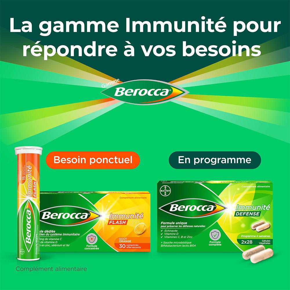 Emballages Berocca Immunité Flash et Defense. Texte: 'Besoin ponctuel' et 'En programme'.