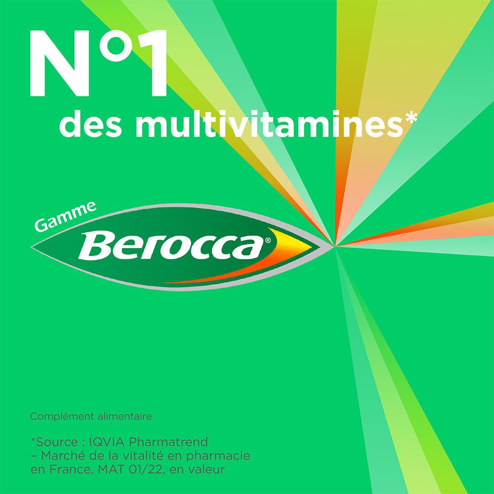 Fond vert avec texte: 'N°1 des multivitamines'. Marque: Berocca.