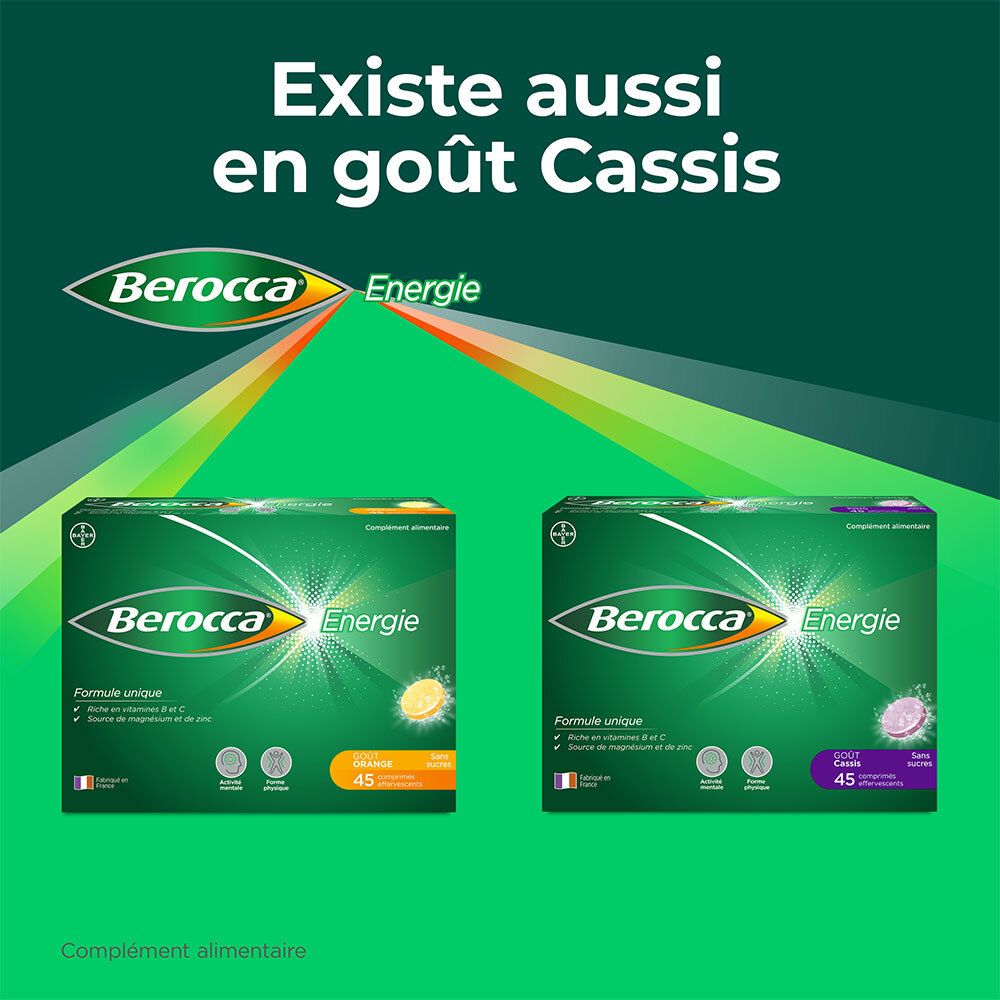 Deux boîtes Berocca Energie, une orange, une violette. Texte: 'En goût Cassis'.