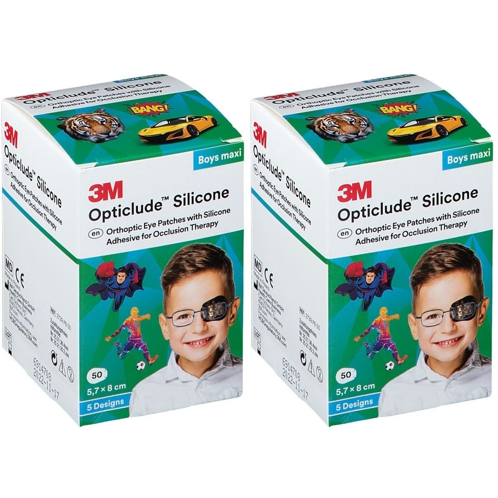 Deux boîtes de pansements 3M Opticlude Silicone. Inscription : Opticlude Silicone, 50 pièces, 5,7 x 8 cm, 5 modèles. Image d'un garçon avec un cache-œil.