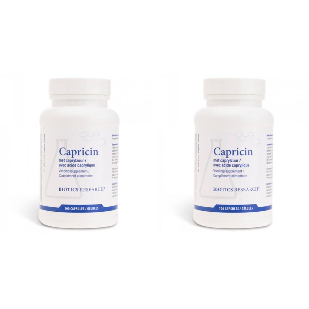 Deux bouteilles blanches Biotika Capricin, chacune contient 100 gélules.
