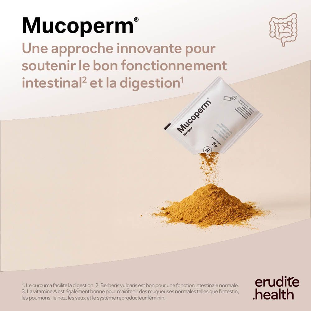 Poudre Mucoperm® Nutriphyt d'un sachet, pour soutenir la fonction intestinale et la digestion.