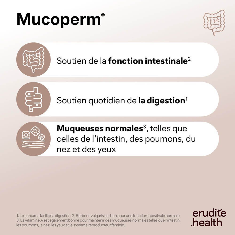 Mucoperm® Nutriphyt : Soutien de la fonction intestinale, de la digestion et des muqueuses.