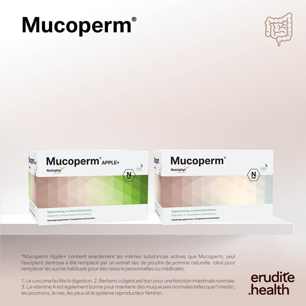 Deux boîtes de Mucoperm® Nutriphyt et Mucoperm® Apple+ pour le soutien intestinal.