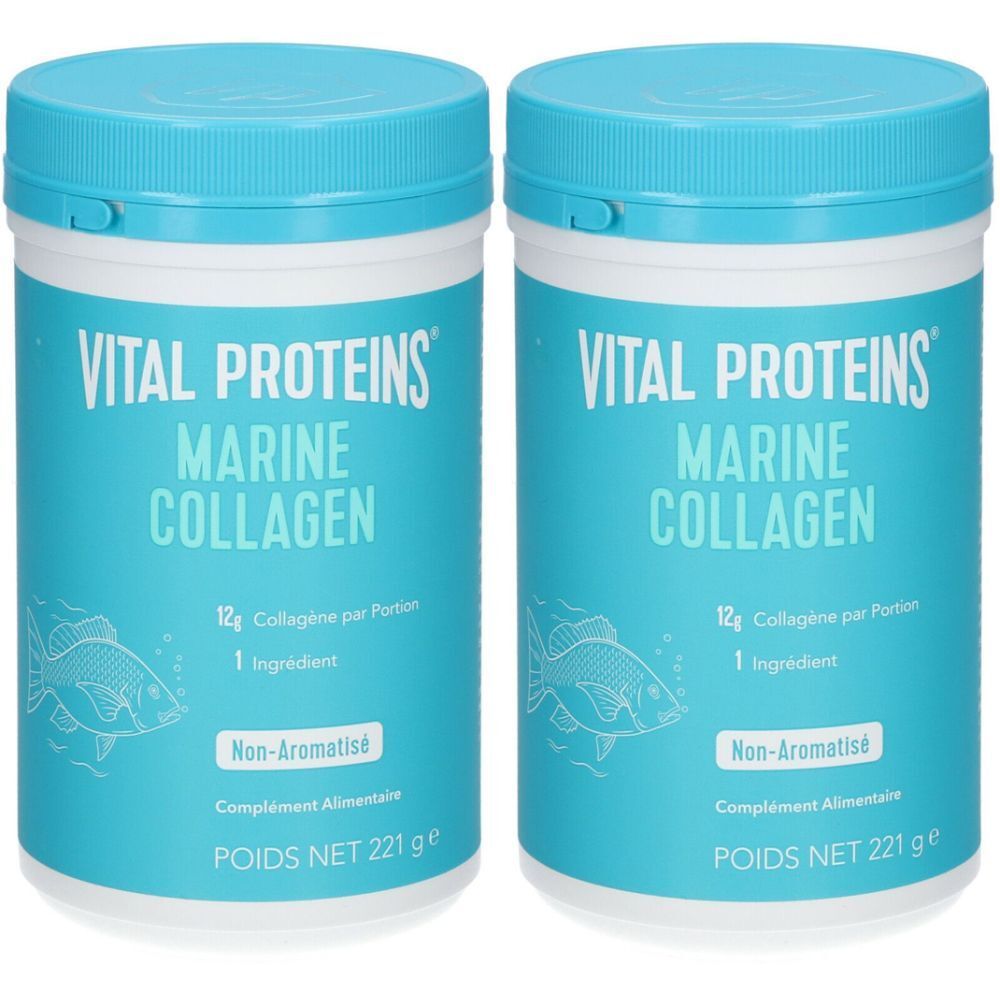 Deux boîtes bleues avec texte blanc. Texte: VITAL PROTEINS MARINE COLLAGEN. Illustration de poisson. "Non-Aromatisé". "POIDS NET 221 g".