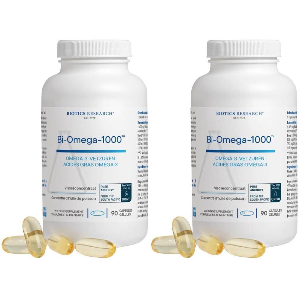 Deux bouteilles de Biotics Research Bi-Omega-1000™ contenant chacune 90 gélules.