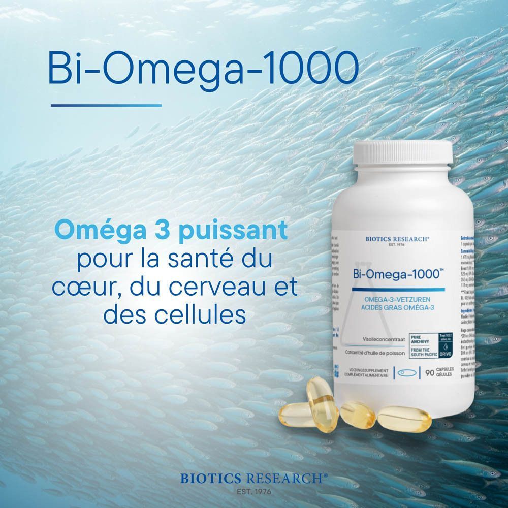 Deux bouteilles de Biotics Research Bi-Omega-1000™ et quatre gélules.