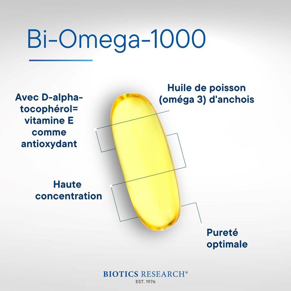 Bouteille de Biotics Research Bi-Omega-1000™ devant un banc de poissons.