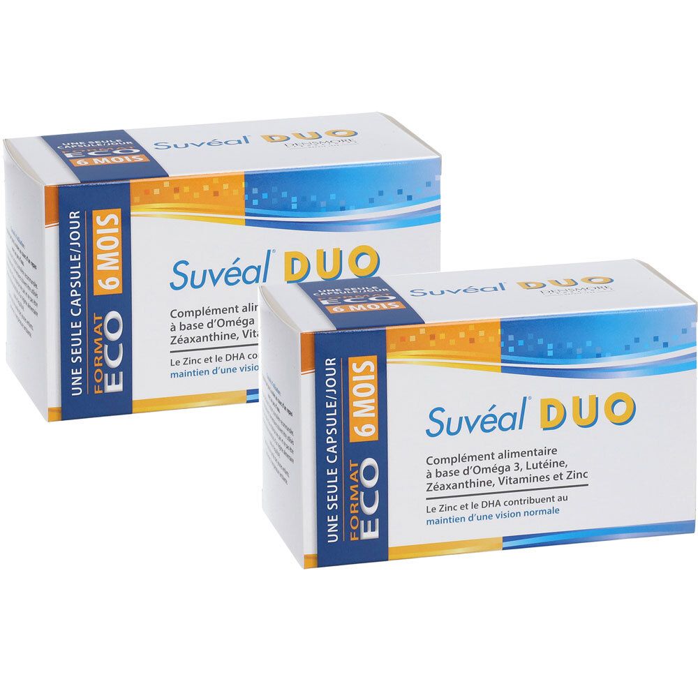 Deux boîtes de Suvéal DUO. Emballage blanc avec accents bleus et oranges. Texte : "6 MOIS", "UNE SEULE CAPSULE/JOUR".