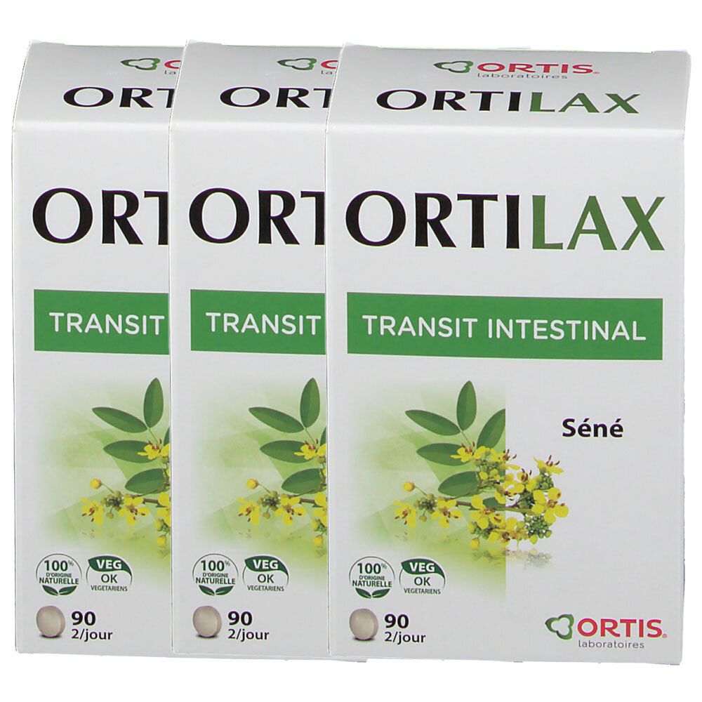 Trois boîtes de ORTILAX Transit Intestinal. Emballage blanc avec accents verts et nom du produit. Contient 90 comprimés, 2 par jour.