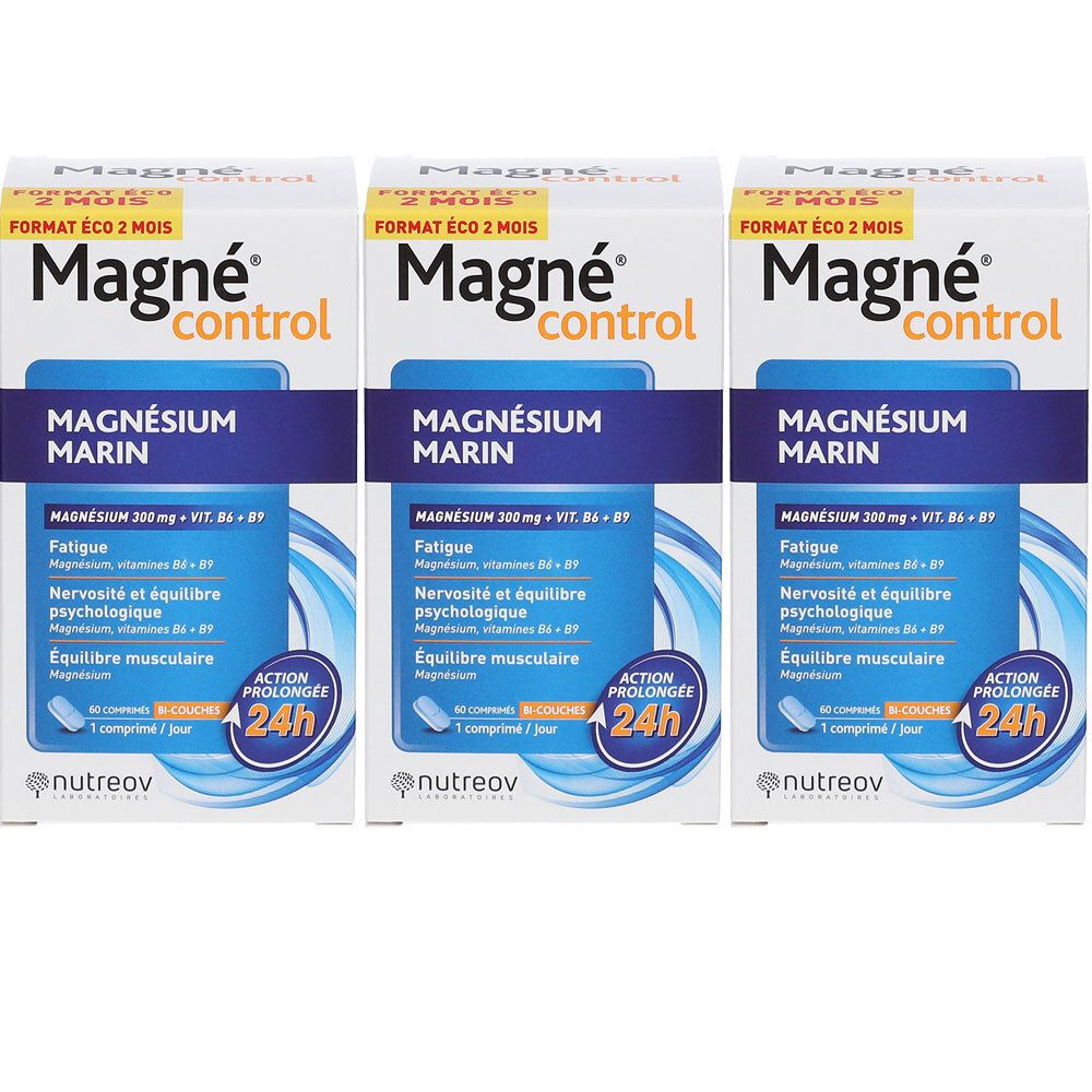 Trois boîtes de Nutreov Magné control. Inscription: Magnésium Marin, 300 mg + Vit. B6, 60 comprimés, action 24h.