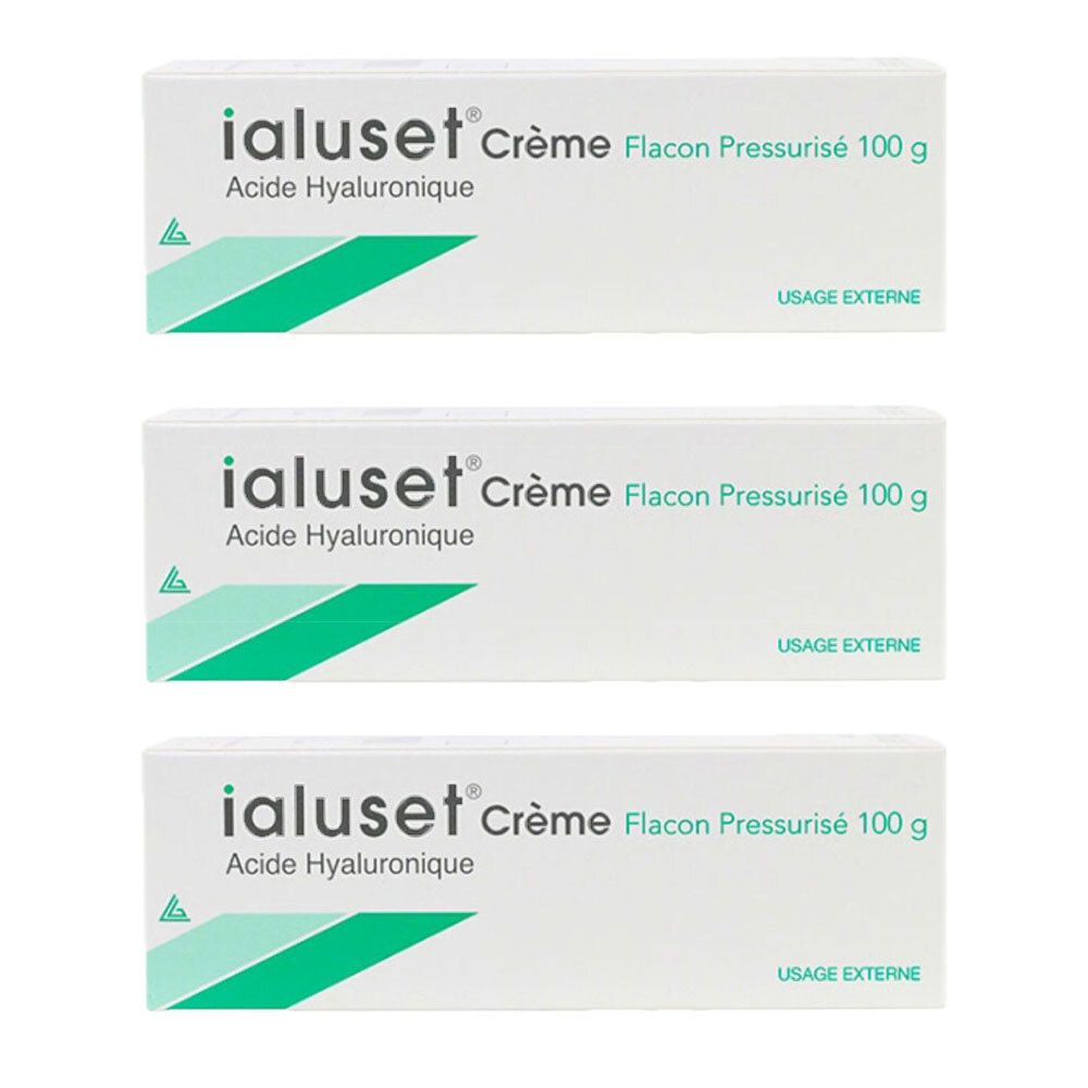 Trois boîtes blanches. Inscription : ialuset crème, Flacon Pressurisé 100 g, Acide Hyaluronique. Mention : USAGE EXTERNE.